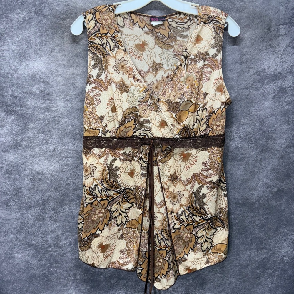 Y2K Agenda Brown Floral Fairy Babydoll Crossover Top Sz XL Lace Trim Asymmetric